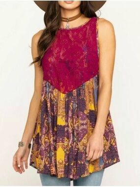 Free People Magenta Lace Yoke Patchwork Mini Dress